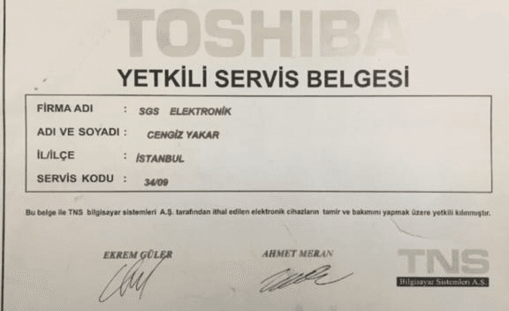Toshiba Yetkili Servis Belgesi